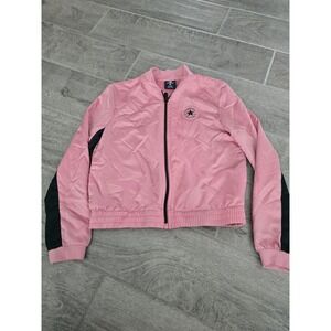 Converse Girls Pink Bomber Jacket‎ Sleeves Logo Lightweight Coat Satin Medium